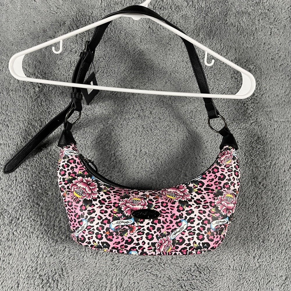 Ed Hardy Shoulder Bag Womens Pink Leopard Floral Tattoo Print Purse NWT